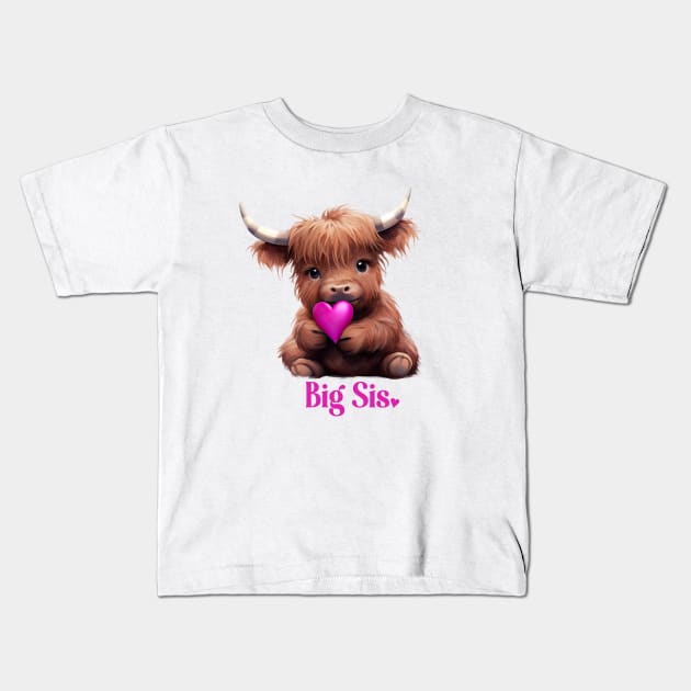 Cute Big Sis Bright Pink Highland Cow Kids T-Shirt by k8creates